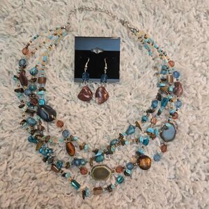 NEW Turquoise Bead 4 Strand Necklace & Earrings Set
